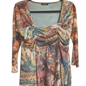 ❤️Vente Women's Size Large Blouse Top Shirt Light Blue with Soft Pastels Floral